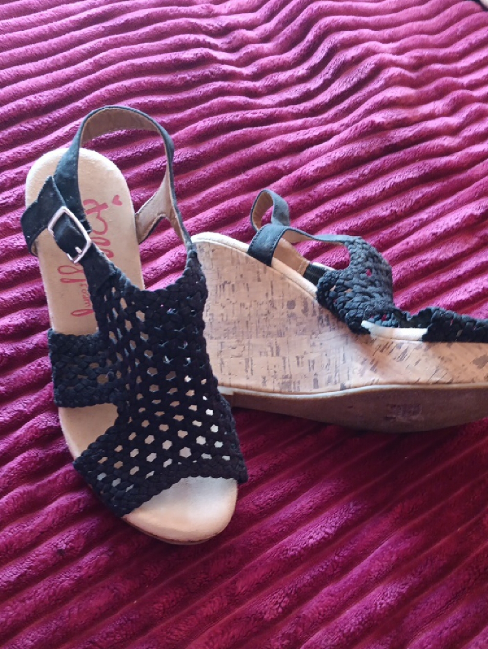 Jellypop Black Woven Cork Wedge Sandals